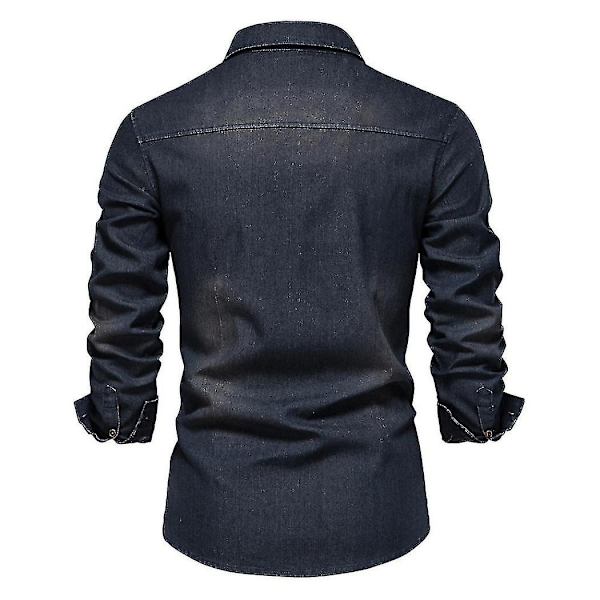 Essential Button Down långärmad tvättad jeansskjorta för män Dark blue 2XL