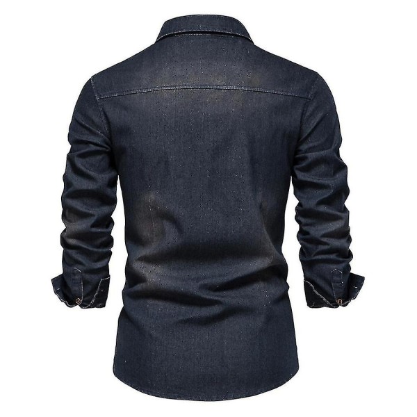 Essential Button Down långärmad tvättad jeansskjorta för män Dark blue L