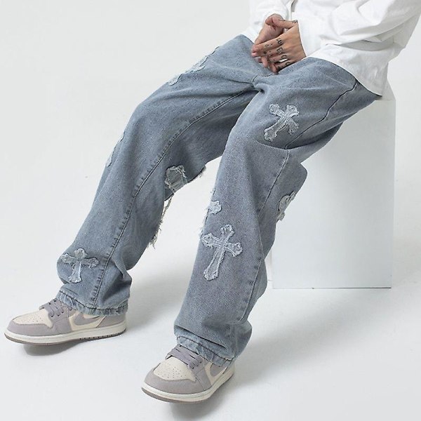 V-hanver Herr Streetwear Baggy Jeans Byxor Cross Hip Hop Herr L