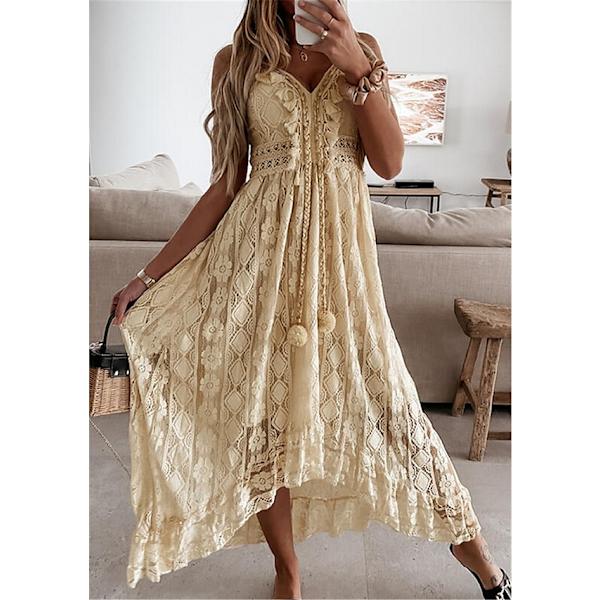 Dam Swing Dress Maxi lång Klänning Vit Beige Ärmlöst print Beige XL
