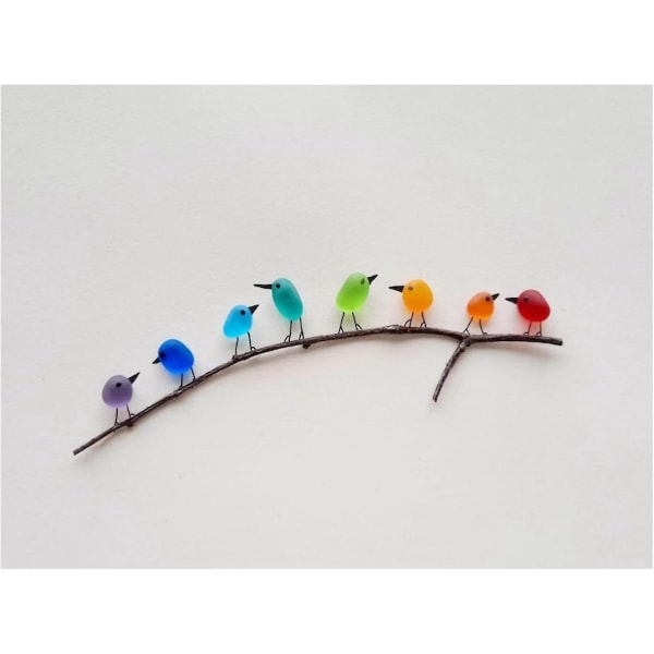 Sea Glass Rainbow Birds, Sea Glass Art, Sea Glass & Drivwood Picture,r Frameless 10 Birds