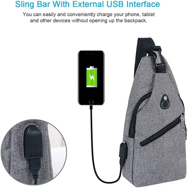 Slingväska, Bröstväska med USB-laddningsport, Lätt för Män och Kvinnor 2 Grå Sling väska med hörlurar port