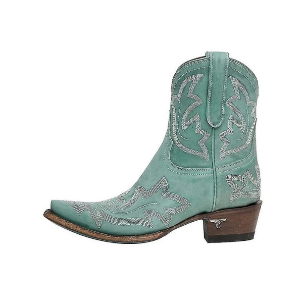 Dam Retro Broderade Western Cowboy Boots Spetsig tå Låg Blockklack Cyan 38