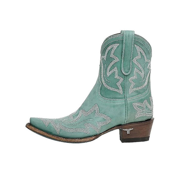 Dam Retro Broderade Western Cowboy Boots Spetsig tå Låg Blockklack Cyan 41