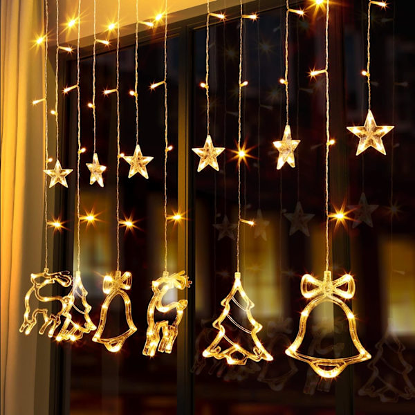 Jul LED Gardinljus, 138 LEDs Star Jingle Bell Älg Xmas Tree Elk Curtain Lights
