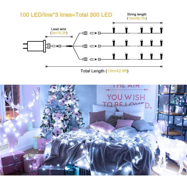 200 LED Flerfärgade Julbelysning Utomhus Vattentät, Utbyggbar 20m White 300 LED