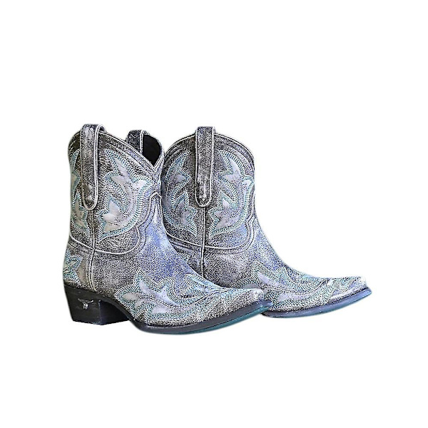 Dam Retro Broderade Western Cowboy Boots Spetsig tå Låg Blockklack Grey 41