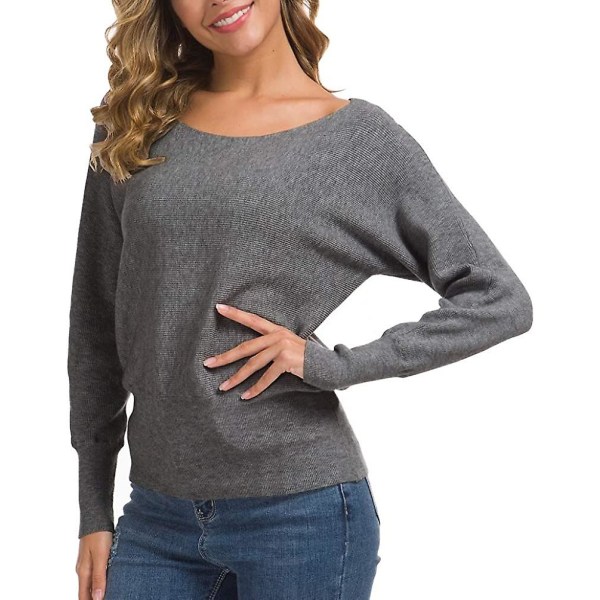 Feiersi Dam Off Shoulder Tröja Casual Långärmad Rundhalsad Topp 07 Dark Grey Medium