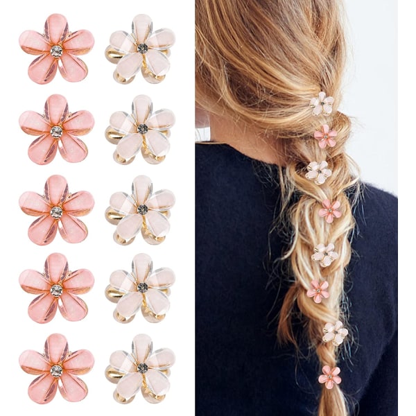 10 st Mini Diamond Hair Claw Clips, Små hårklämmor Blomma hår Vit & rosa