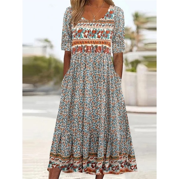 Sommarklänning för kvinnor, Casual, Boho, Blommig, Rynkad, Med Fickor Light Blue XXL