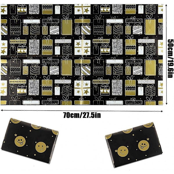 4 st Svart Guld Presentpapper, Guldtryck (50 x 70 cm)