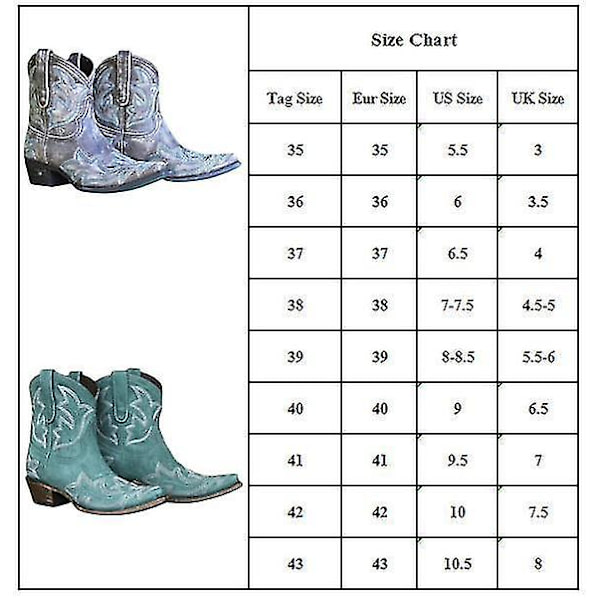 Dam Retro Broderade Western Cowboy Boots Spetsig tå Låg Blockklack Cyan 41