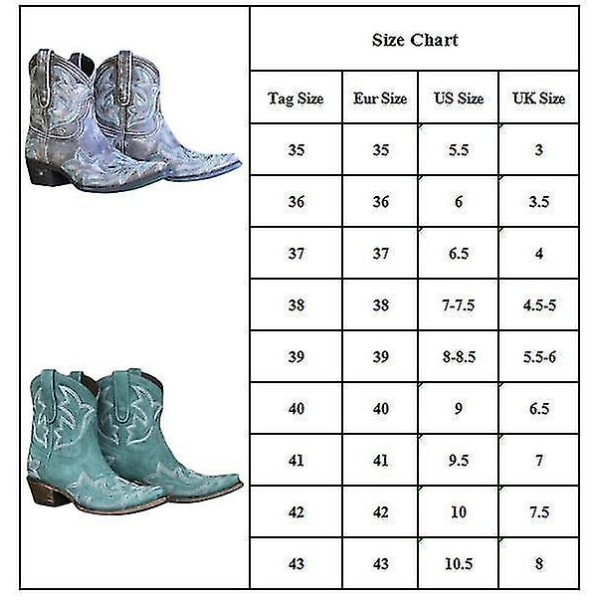 Dam Retro Broderade Western Cowboy Boots Spetsig tå Låg Blockklack Cyan 43