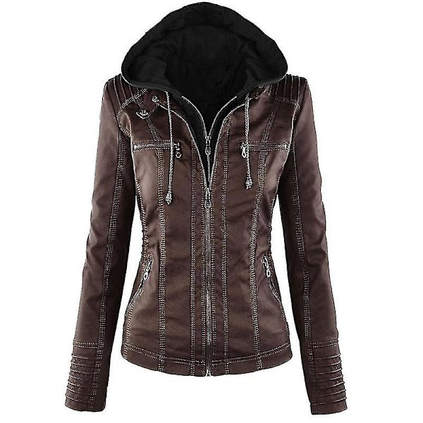 Kvinnors Långärmad Motorcykel Hoodie i PU-Läder Bikerjacka Kaffe 2XL