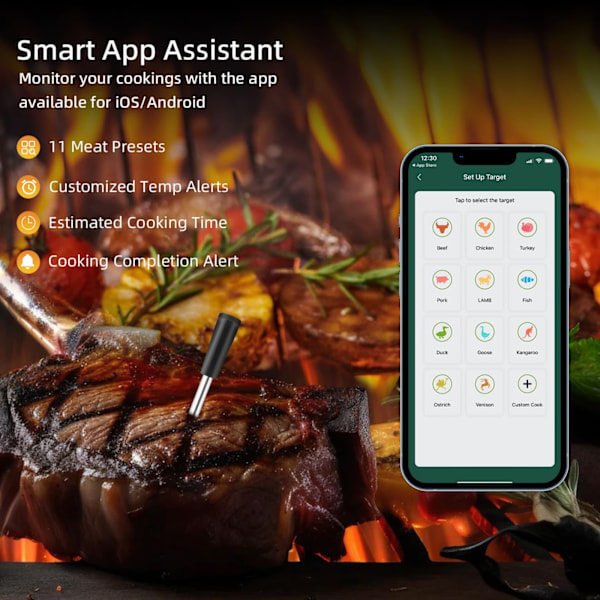 Smart kötttermometer med Bluetooth, trådlös räckvidd för ugnen, Gri