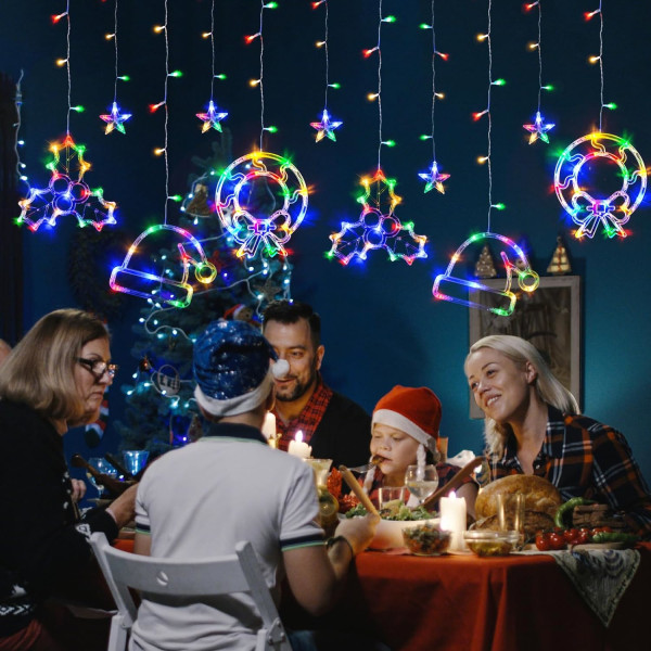 Julgardiner med 180 LED-lampor, flerfärgade, hängande juldekoration Santa Hat, Wreath, and Holly Berry