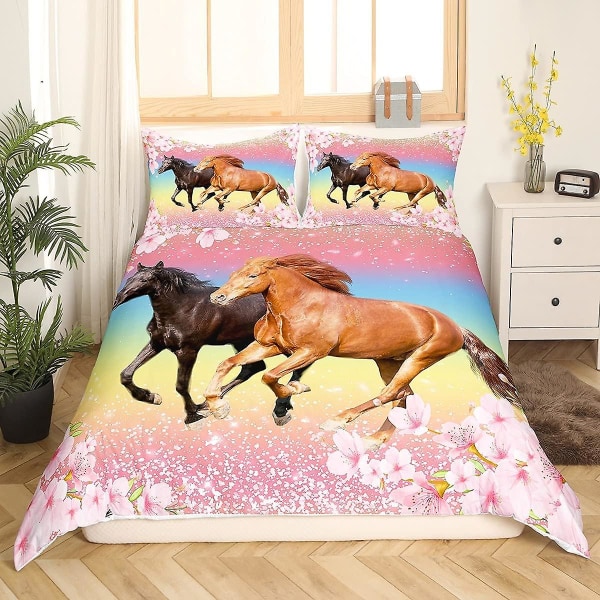 Flickor Häst Sängkläder Set Barn Hästar Rosa Blommig Täcke Set För Ki 220x240cm