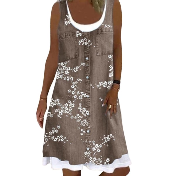 Kvinnor sommar 3d Print ärmlös falsk tvådelad denim miniklänning Floral Brown 4XL