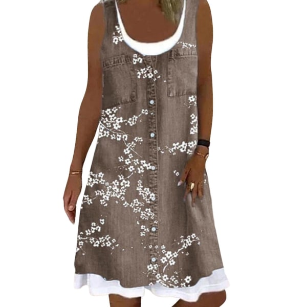 Kvinnor sommar 3d Print ärmlös falsk tvådelad denim miniklänning Floral Brown S