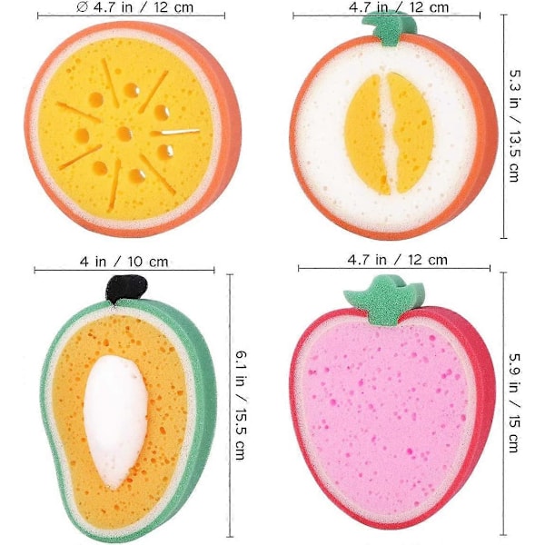 4 st Söta Fruktformade Badsvampar Badborstar Svampar Skrubbar Badverktyg för Barn (Mango + Honungsmelon + Apelsin + Jordgubbe)