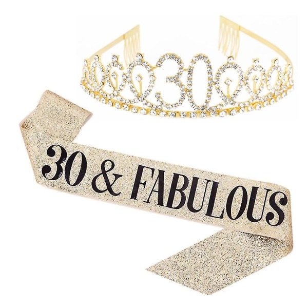 Sash och tiara-set med glittrande strass och bokstavsprintet för födelsedag Golden 30 Years Old