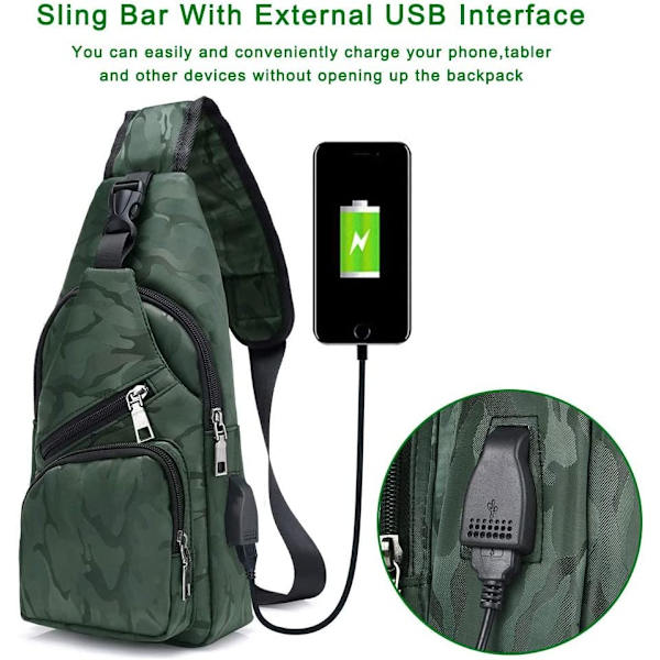 Slingväska, Bröstväska med USB-laddningsport, Lätt för Män och Kvinnor 7 Kamouflage Grön Sling Bag