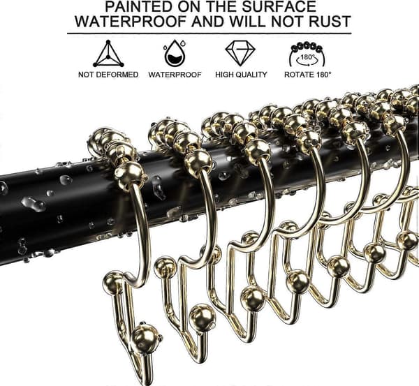12-pack Duschdraperikrokar, Rostfria Metall Dubbelglidande Duschdraperiringar för Badrumsduschdraperier - Guld