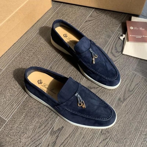 Sommarloafers för kvinnor: Mocka Casual Mokassin Stil med Låsbeanie, Bekväma Mjuka Platta Skor - Plus Storleksalternativ Blue 36