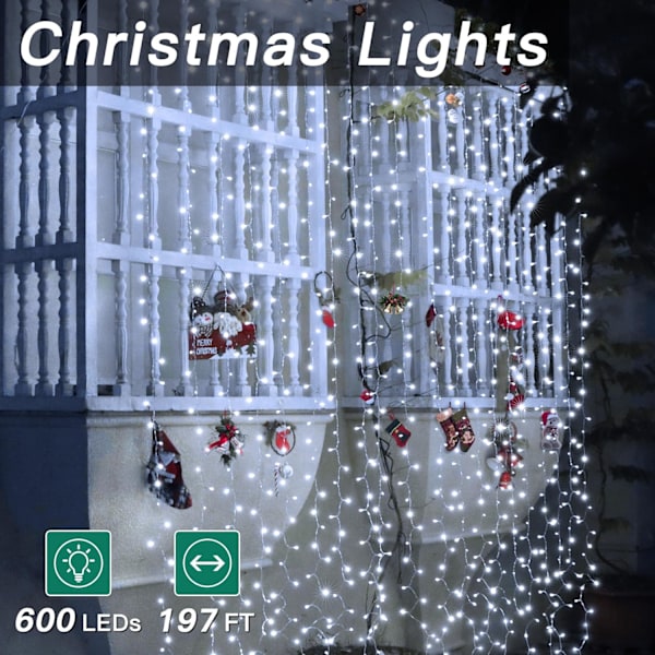 shineshine 197FT 600LED Julbelys utomhus, Vattentät 8 Belysnings White 600 LED