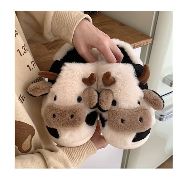 Fuzzy Cow Tofflor Söta Varma Mysiga bomullsskor Djurform Slip-on Sl 40-41