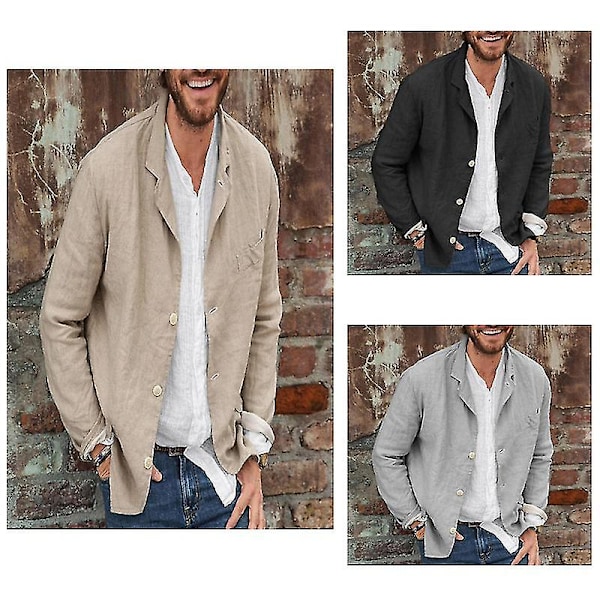 Herrar Bomullslinne Casual Kostymjacka Krage Knapp-Ner Jacka Newway Khaki L