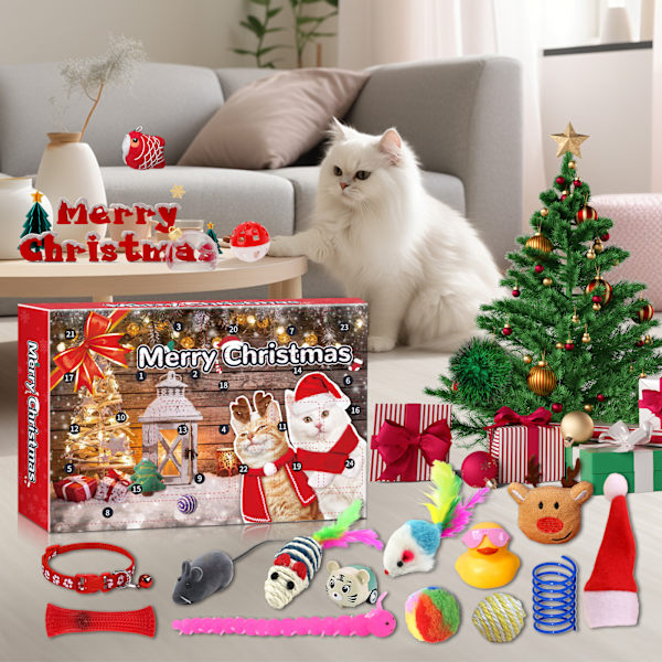 Julkalender för Katter - 24 Fack Blind Box med Kattleksaker, Figurer & Klockor