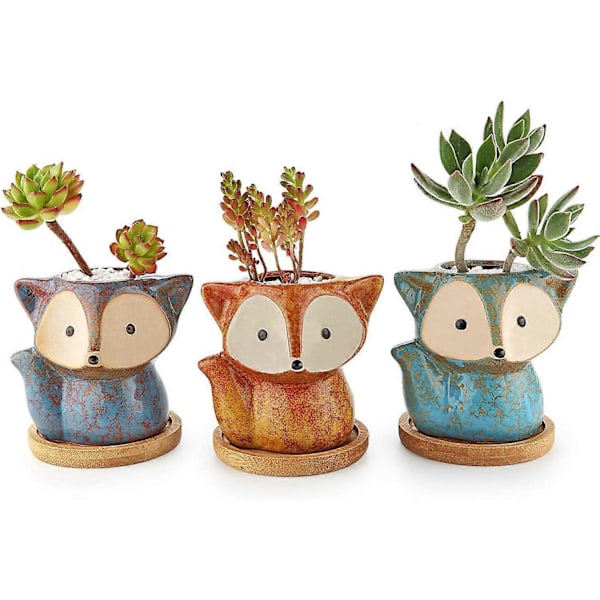 10CM Små Kaktus Plantkrukor med Bambubricka Set om 3, Söt Räv