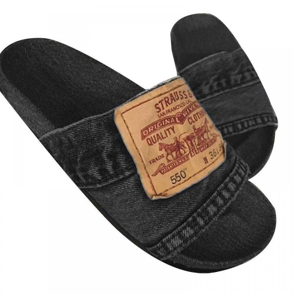 SSDLV Snygga denimslides för kvinnor Handgjorda denim Slip-on tofflor av återvunna jeans kompatibla Black 42