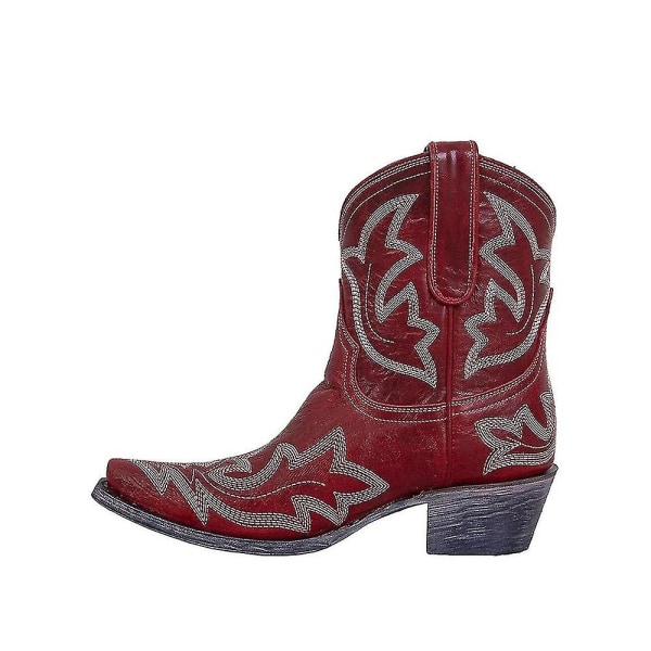 Dam Retro Broderade Western Cowboy Boots Spetsig tå Låg Blockklack Red 40