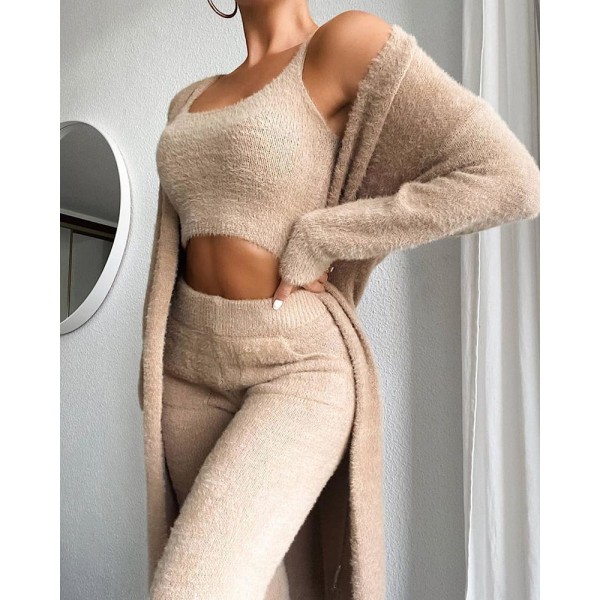Warm Plush nattkläder set, långärmad huvklänning, väst och dragsko Camel S