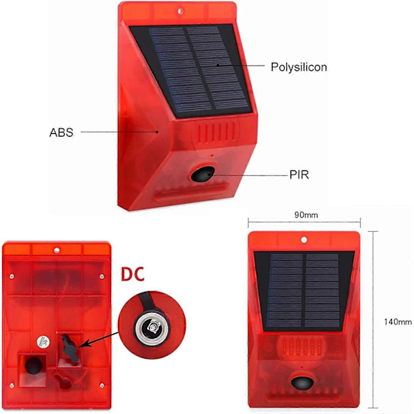 Solcellsdriven Stroboskoplampa med Fjärrkontroll, Rörelsedetektor, Utomhuslarm, 129db Ljud, Säkerhetssiren, IP65 Vattentät Skydd för Ditt Hem