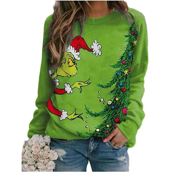 Damtröja med julmotiv av Grinchen, långärmad, rund hals Green 2XL