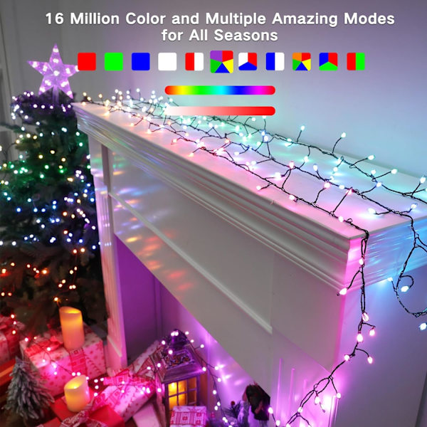 Julbelysning, 65,67 fot 200 LED-färgskiftande trädbelysning 11-Functi RGB - Cluster 200 LED - WIFI