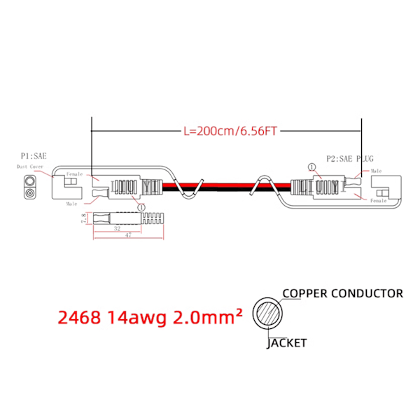 SAE till SAE förlängningskabel 16AWG - 25FT SAE-kabel Batteriladdare förlängningssladd Heavy Duty 16AWG Snabbkoppling SAE 2-stiftskontakt med SAE Po