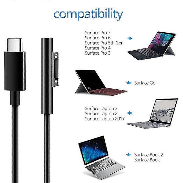 För Surface till USB C Laddningskabel för Surface Pro 3/4/5/6/7, Surface Laptop 3/2/1, Surface Go