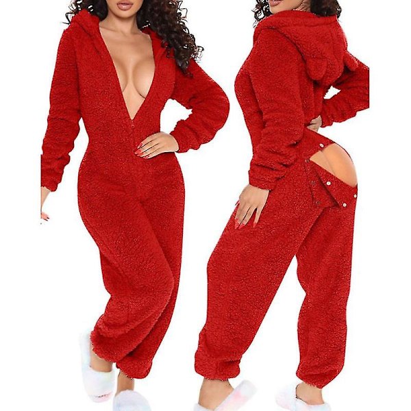 Onesie Pyjamas Lång Varm Borstad Kroppskompatibel red s