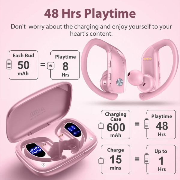 Trådlösa hörlurar Bluetooth hörlurar 48h Play Back Sporthörlurar Pink