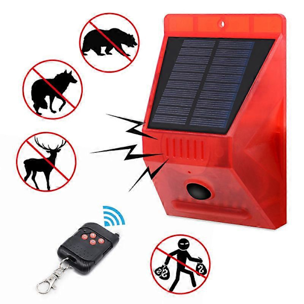 Solcellsdriven Stroboskoplampa med Fjärrkontroll, Rörelsedetektor, Utomhuslarm, 129db Ljud, Säkerhetssiren, IP65 Vattentät Skydd för Ditt Hem
