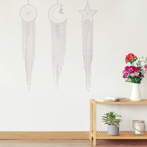 3 stycken vita stora macrame drömfångare måne sol handgjorda stora