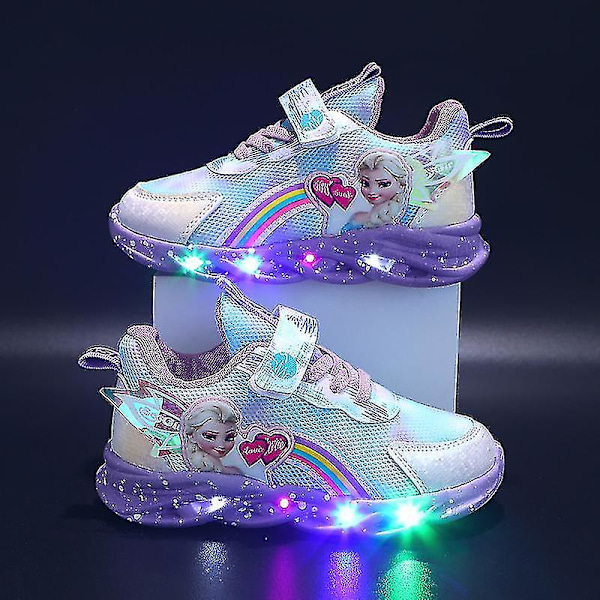 Girls Led Casual Sneakers Elsa Princess Print Outdoor Shoes Kids Purple 25-insole 15.2cm