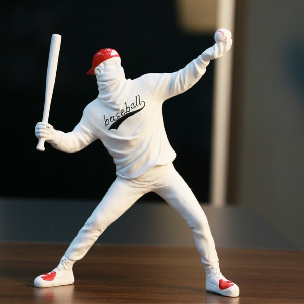 BANKSY Graffitikonst Baseball bt boy Skulptur, Resin Statue for Home De White