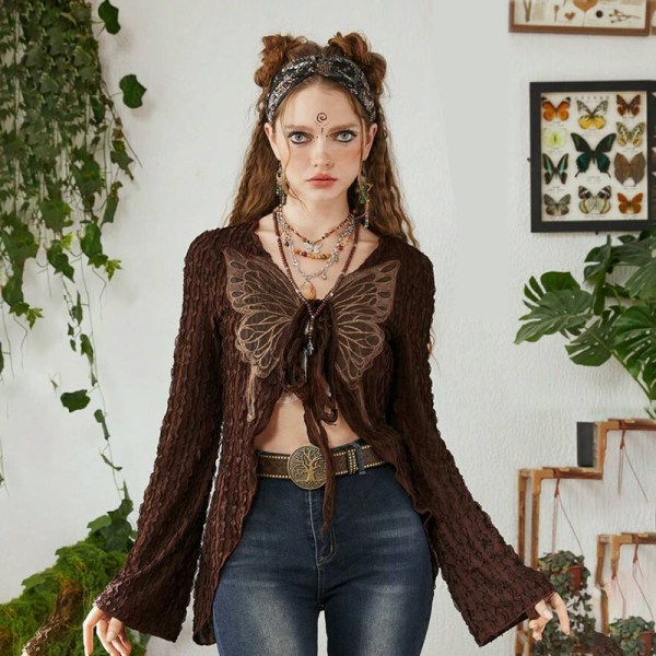 Primitive Tribe Girl Cardigan Blus Vintage Brown Textured Butterfly L