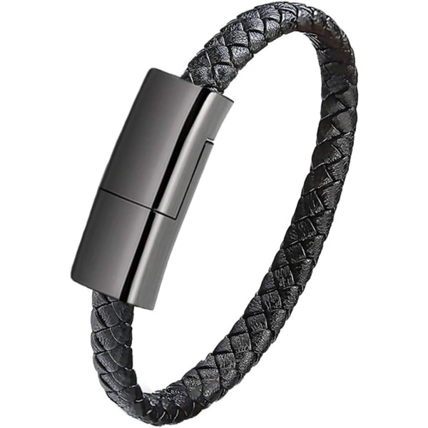 USB läderladdningsflätade armband för iPhone, hematitmetall och svart läder