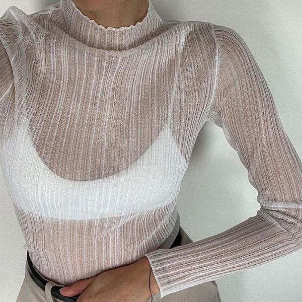 Gasa Hög Hals Texturerad Axelkant Långärmad T-shirt M